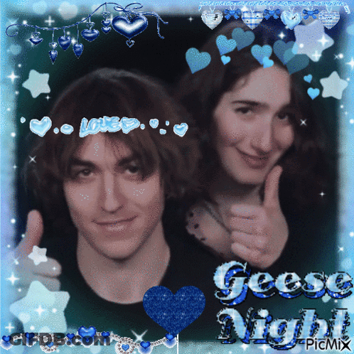 A Picture Of A Man And A Woman Giving A Thumbs Up With The Words Geese Night On The Bottom Right GIF