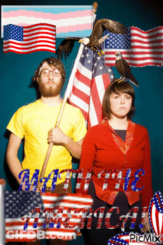 A Picture Of A Man And A Woman Holding An American Flag With The Words Might The American On It GIF