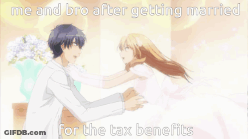 A Picture Of A Man And A Woman Hugging With The Caption " Me And Bro After Getting Married For The Tax Benefits " GIF