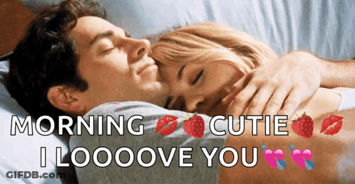 A Picture Of A Man And A Woman Hugging With The Words Morning Cutie I Looove You GIF