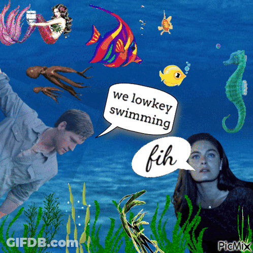 A Picture Of A Man And A Woman In The Water With A Speech Bubble That Says We Lowkey Swimming Fich GIF