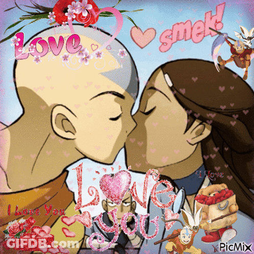 A Picture Of A Man And A Woman Kissing With The Words Love Smek On The Bottom GIF