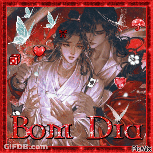 A Picture Of A Man And A Woman With Bom Dia Written On The Bottom GIF