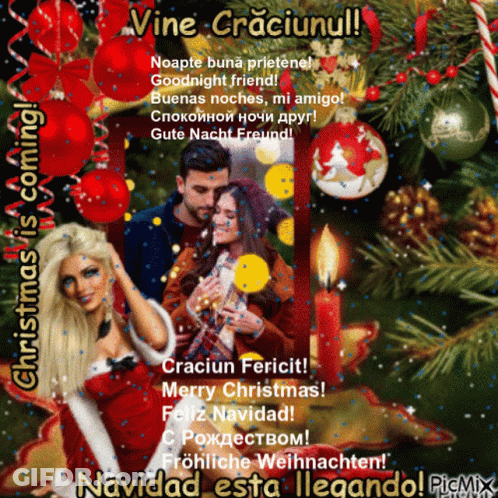 A Picture Of A Man And A Woman With Christmas Decorations And The Words Vine Craciunul GIF