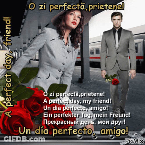 A Picture Of A Man And A Woman With Roses And The Words Perfect Day GIF