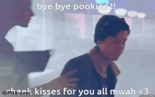 A Picture Of A Man And A Woman With The Caption Bye Bye Pookies !! Cheek Kisses For You All Mwah < 3 GIF