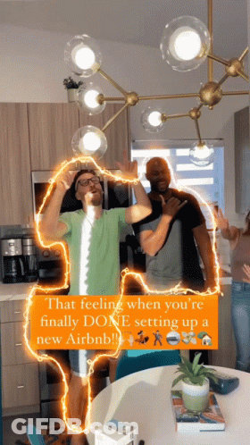 A Picture Of A Man And A Woman With The Caption That Feeling When You 'Re Finally Done Setting Up Airbnb GIF
