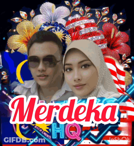 A Picture Of A Man And A Woman With The Word Merdeka On The Bottom GIF