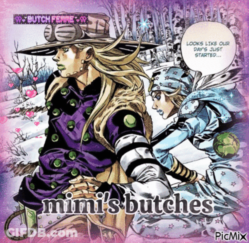 A Picture Of A Man And A Woman With The Words Mimi 'S Butches On It GIF