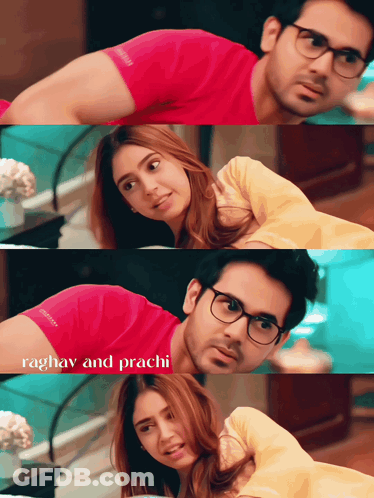 A Picture Of A Man And A Woman With The Words Raghav And Prachi On The Bottom GIF
