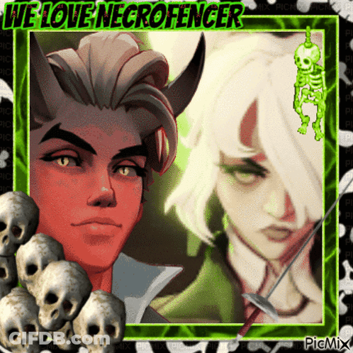 A Picture Of A Man And A Woman With The Words We Love Necrofencer On Top GIF