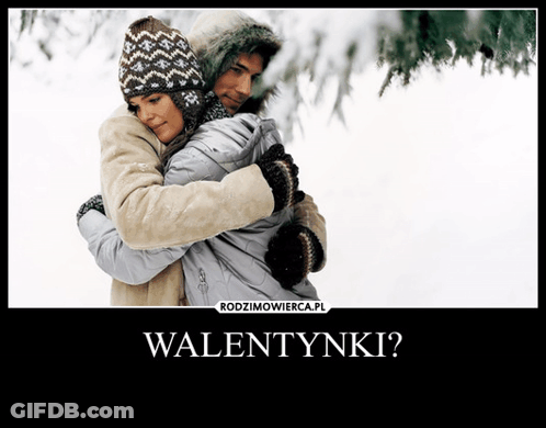 A Picture Of A Man And Woman Hugging In The Snow With The Words Walentynki On The Bottom GIF