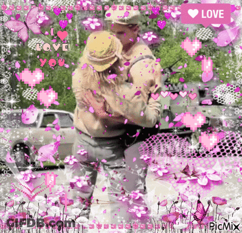 A Picture Of A Man And Woman Hugging Surrounded By Pink Flowers And Hearts With A Love Button GIF