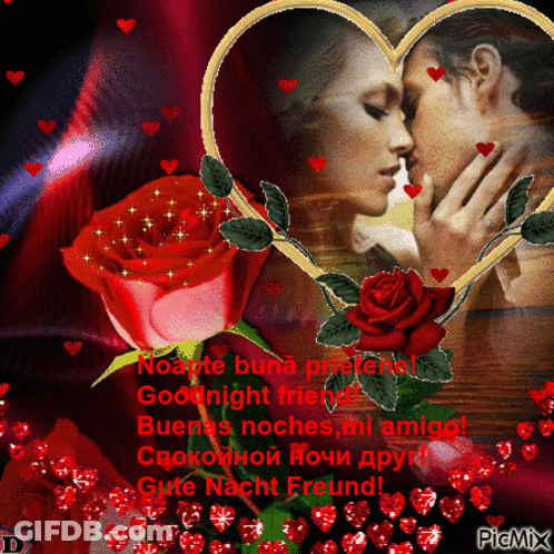 A Picture Of A Man And Woman Kissing In A Heart Shaped Frame With Roses And Hearts GIF