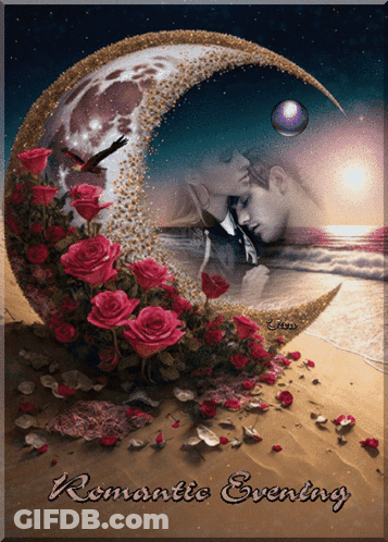 A Picture Of A Man And Woman Kissing Under A Crescent Moon With The Words Romantic Evening On The Bottom GIF