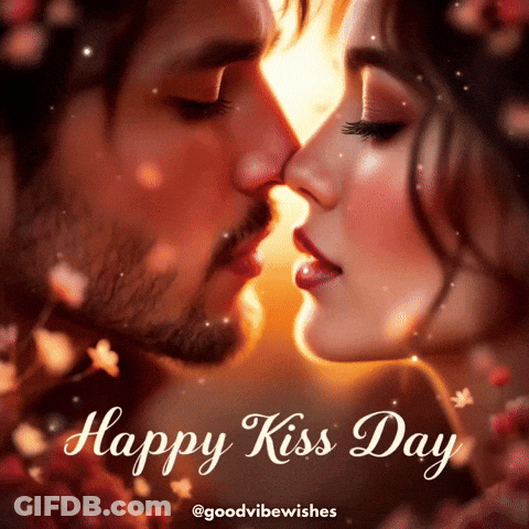 A Picture Of A Man And Woman Kissing With The Words Happy Kiss Day Below Them GIF