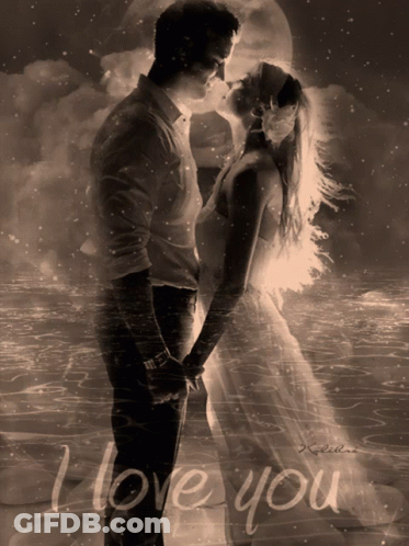 A Picture Of A Man And Woman Kissing With The Words " I Love You " Below Them GIF