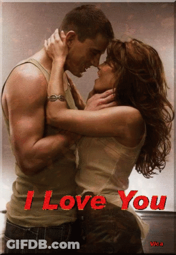 A Picture Of A Man And Woman Kissing With The Words " I Love You " In Red GIF