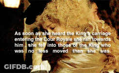 A Picture Of A Man And Woman With The Caption As Soon As She Heard The King 'S Carriage Entering The Cour Royale She GIF