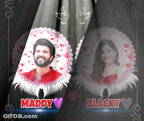 A Picture Of A Man And Woman With The Name Maddy And Blacky GIF