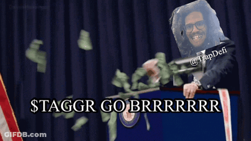 A Picture Of A Man Behind A Podium That Says $Taggr Go Brrrrr GIF