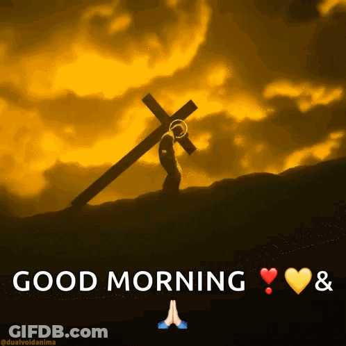 A Picture Of A Man Carrying A Cross With The Words Good Morning GIF
