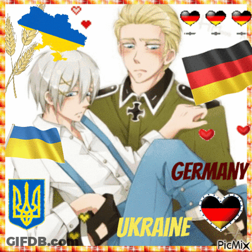 A Picture Of A Man Carrying Another Man With The Words Germany Ukraine On It GIF
