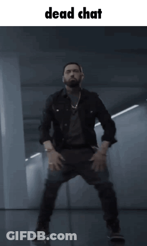 A Picture Of A Man Dancing With The Words Dead Chat On The Bottom GIF