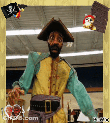 A Picture Of A Man Dressed As A Pirate With A Picture Of A Cat And A Pirate Flag Behind Him GIF