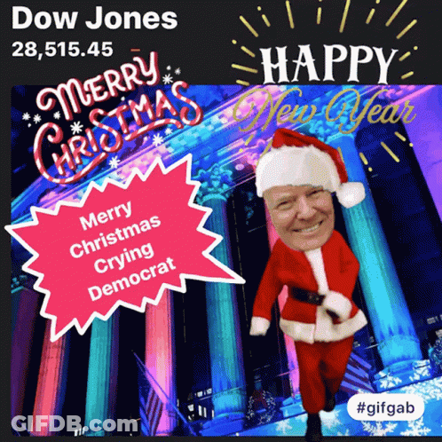 A Picture Of A Man Dressed As Santa Claus With The Words Merry Christmas Crying Democrat GIF