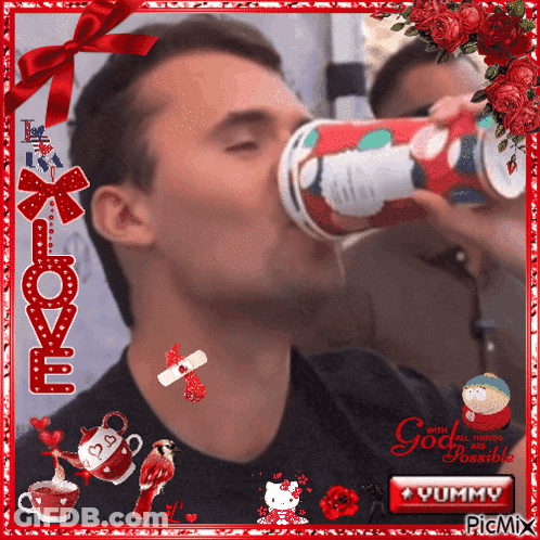 A Picture Of A Man Drinking From A Cup With The Words " God Is Possible " On The Bottom GIF
