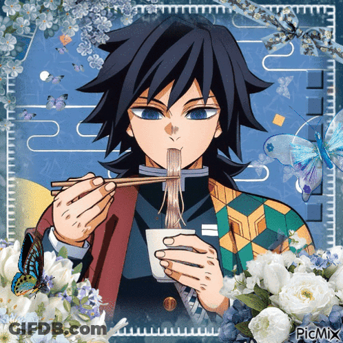 A Picture Of A Man Eating Noodles With Chopsticks With Flowers And Butterflies Around It GIF
