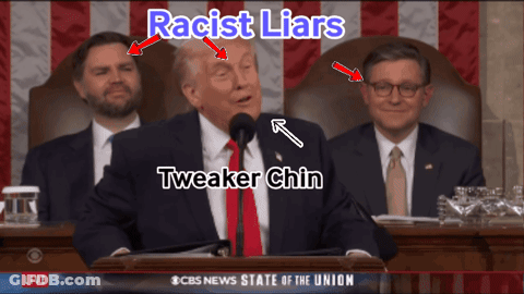 A Picture Of A Man Giving A Speech With The Words Racist Liars And A Tweaker Chin GIF