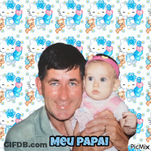 A Picture Of A Man Holding A Baby With The Words Meu Papai On The Bottom Right GIF