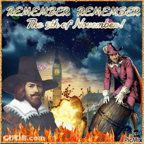 A Picture Of A Man Holding A Barrel With The Words " Remember Remember The 5Th Of November " GIF