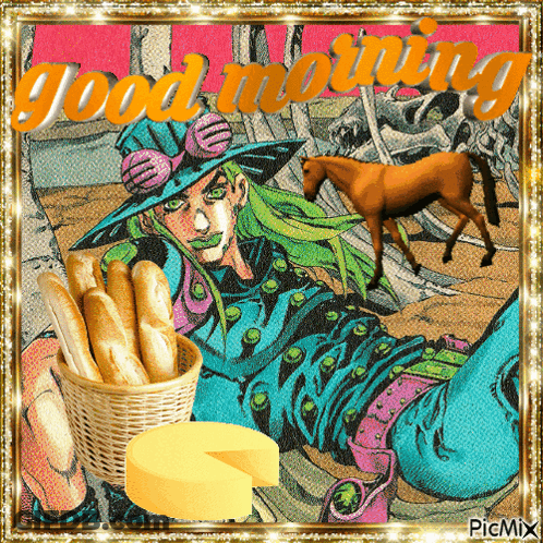 A Picture Of A Man Holding A Basket Of Bread And Cheese With The Words Good Morning Written On It GIF