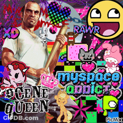 A Picture Of A Man Holding A Bat With The Words " Scene Queen " On It GIF