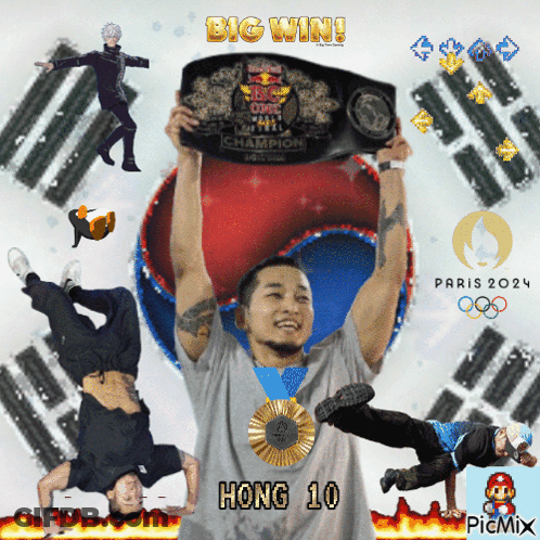 A Picture Of A Man Holding A Belt That Says Big Win On It GIF