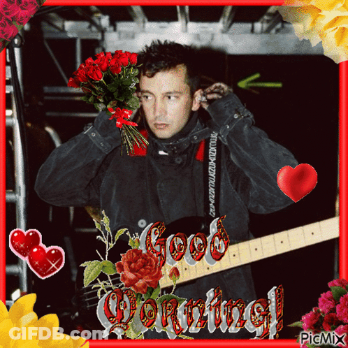 A Picture Of A Man Holding A Bouquet Of Roses With The Words Good Morning Written On It GIF