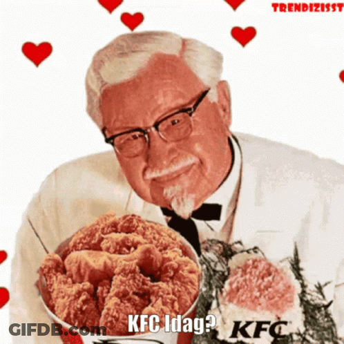 A Picture Of A Man Holding A Bucket Of Fried Chicken With The Words Kfc Idag GIF