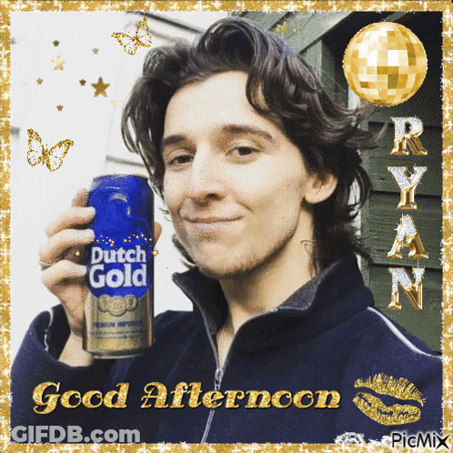 A Picture Of A Man Holding A Can Of Dutch Gold Says Good Afternoon GIF