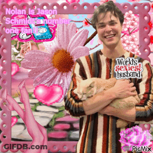 A Picture Of A Man Holding A Cat With The Caption Nolan Is Jason Schmidt 'S Number One Fan GIF