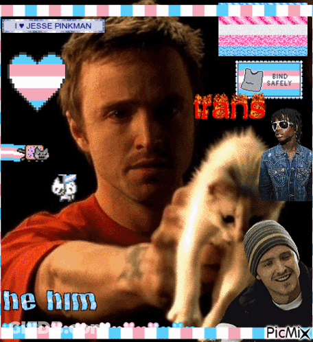 A Picture Of A Man Holding A Cat With The Words He Him On It GIF