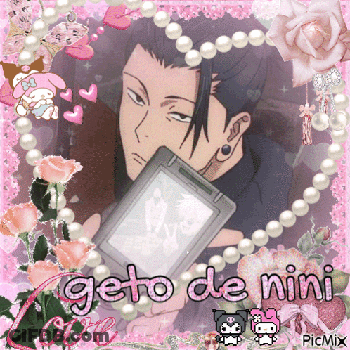 A Picture Of A Man Holding A Cell Phone With The Words " Geto De Nini " Written On It GIF