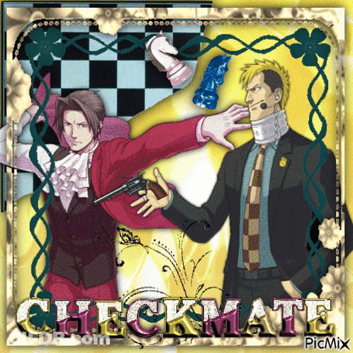 A Picture Of A Man Holding A Gun And Another Man Holding A Chess Piece That Says Checkmate GIF