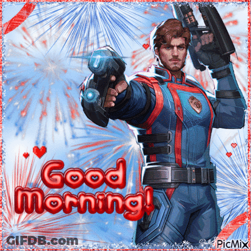 A Picture Of A Man Holding A Gun With The Words Good Morning On It GIF
