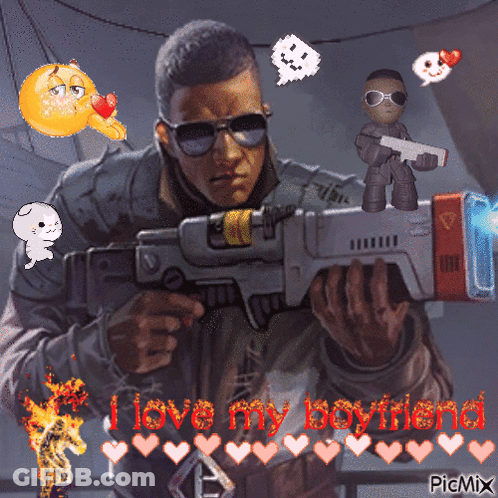 A Picture Of A Man Holding A Gun With The Words " I Love My Boyfriend " GIF