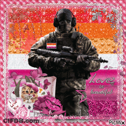 A Picture Of A Man Holding A Gun With The Words Love Is Beautiful GIF