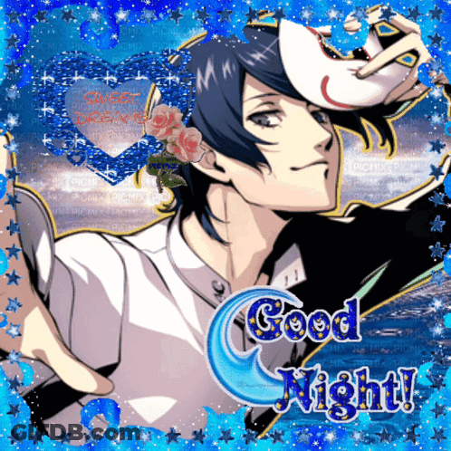 A Picture Of A Man Holding A Mask With The Words Good Night Written Below Him GIF