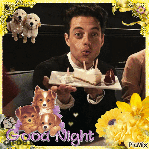 A Picture Of A Man Holding A Plate Of Food With The Words Good Night Written On The Bottom GIF